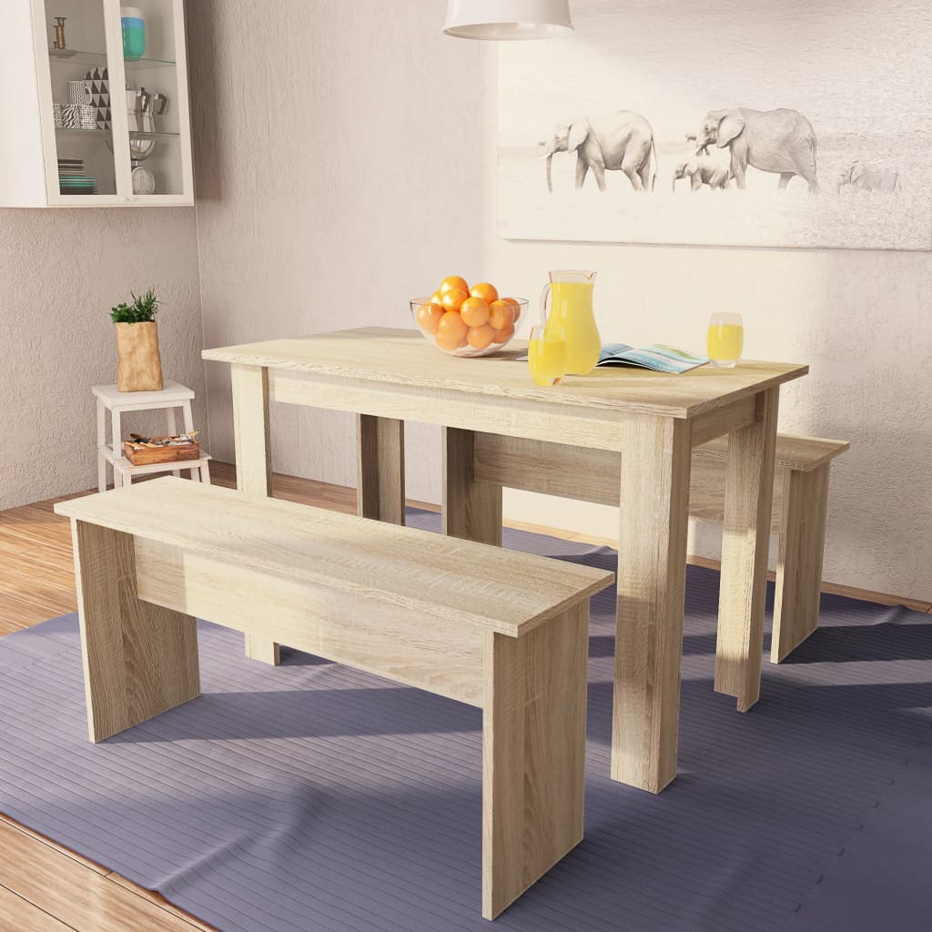 Table à manger et bancs 3 pcs en dérivé du bois couleur chêne