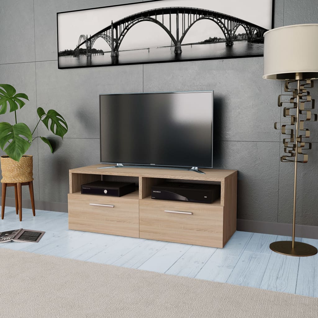 Meuble TV 95x35x36 cm ouvré en bois couleur chêne