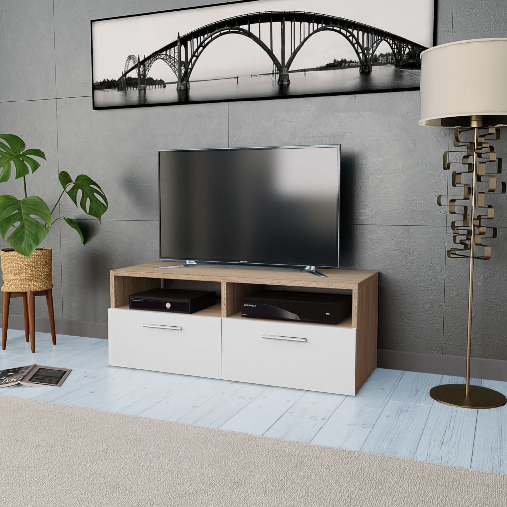 Meuble TV 95x35x36 cm ouvré en bois couleur chêne