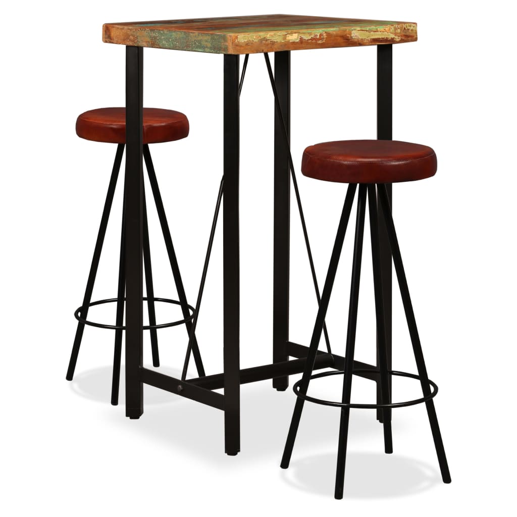 Ensemble de bar en bois massif recyclé et cuir véritable 5 pièces