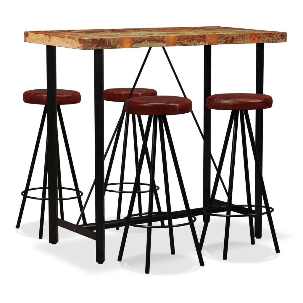 Ensemble de bar en bois massif recyclé et cuir véritable 5 pièces