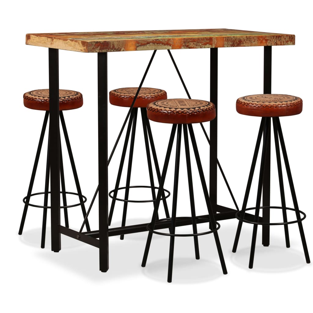 Ensemble de bar en bois massif recyclé, cuir véritable et toile 3 pièces