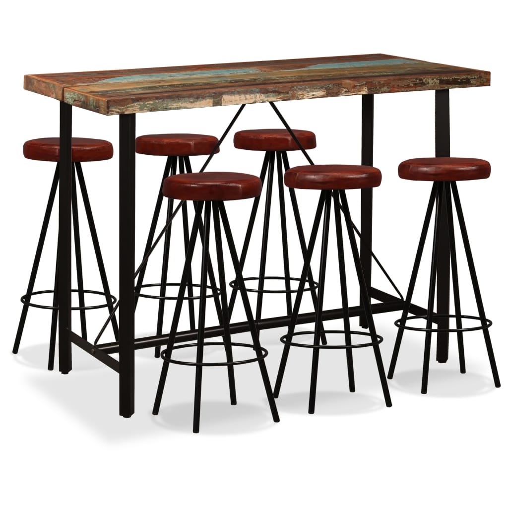 Ensemble de bar en bois massif recyclé et cuir véritable 5 pièces