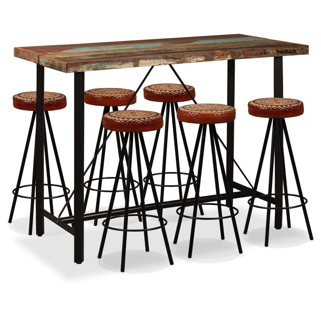 Ensemble de bar en bois massif recyclé, cuir véritable et toile 3 pièces