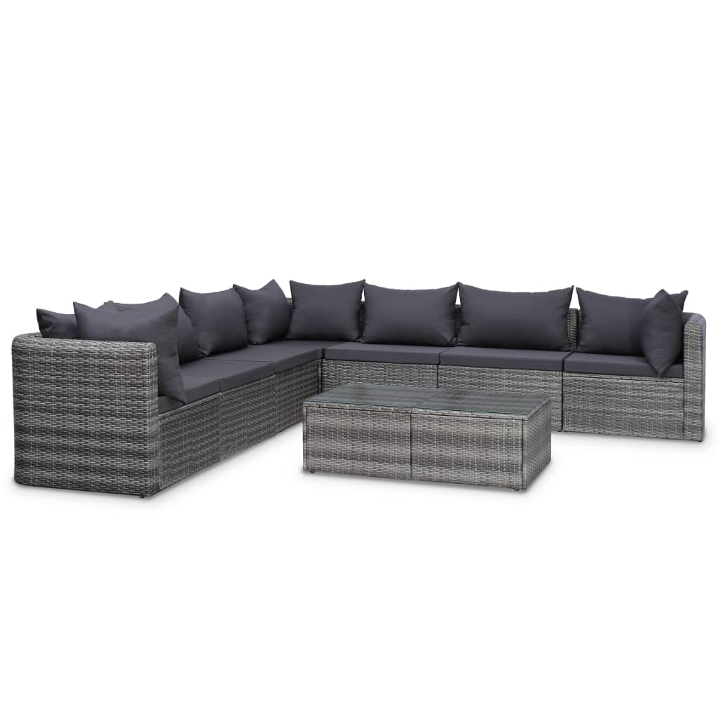 7-delige Loungeset met kussens poly rattan grijs