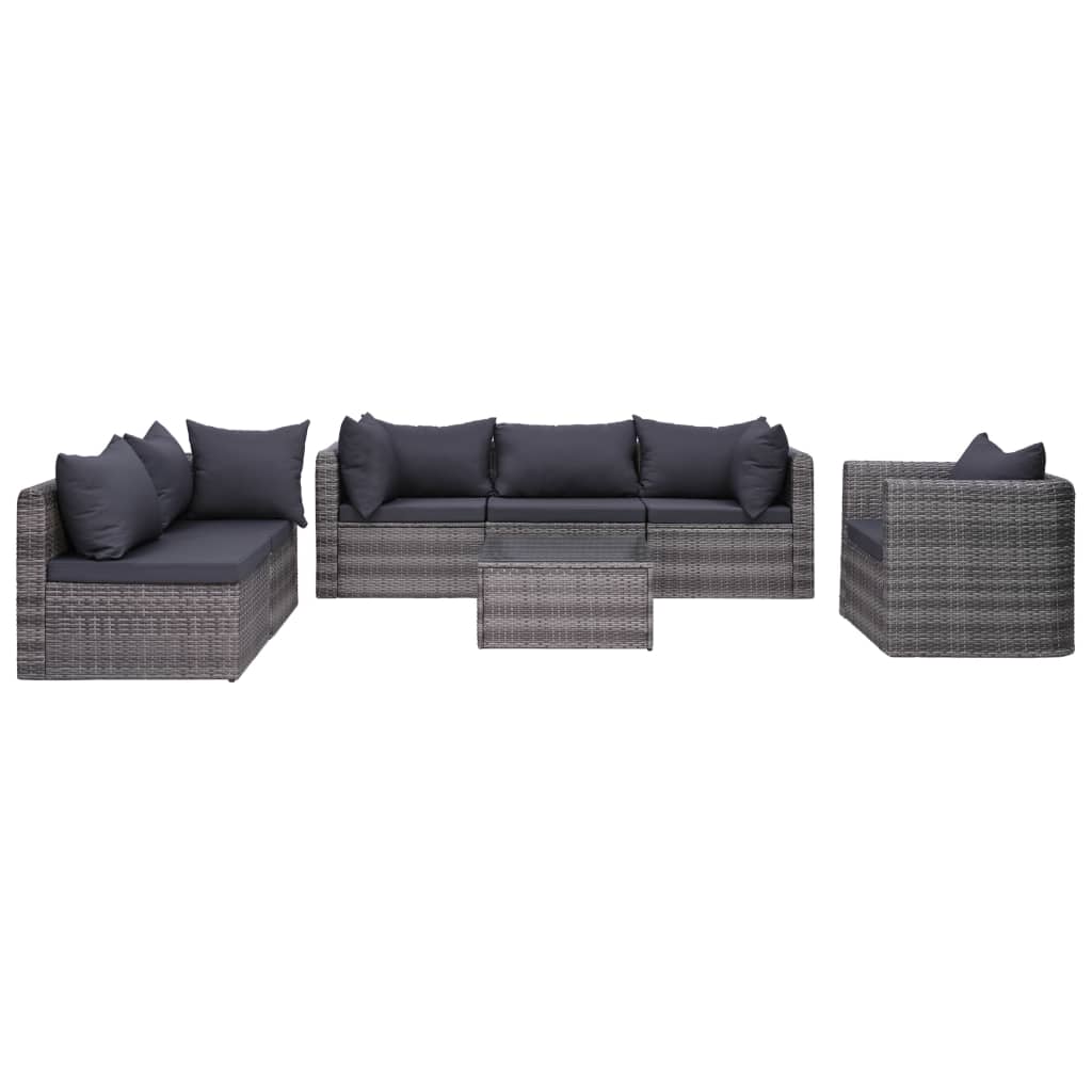 7-delige Loungeset met kussens poly rattan grijs