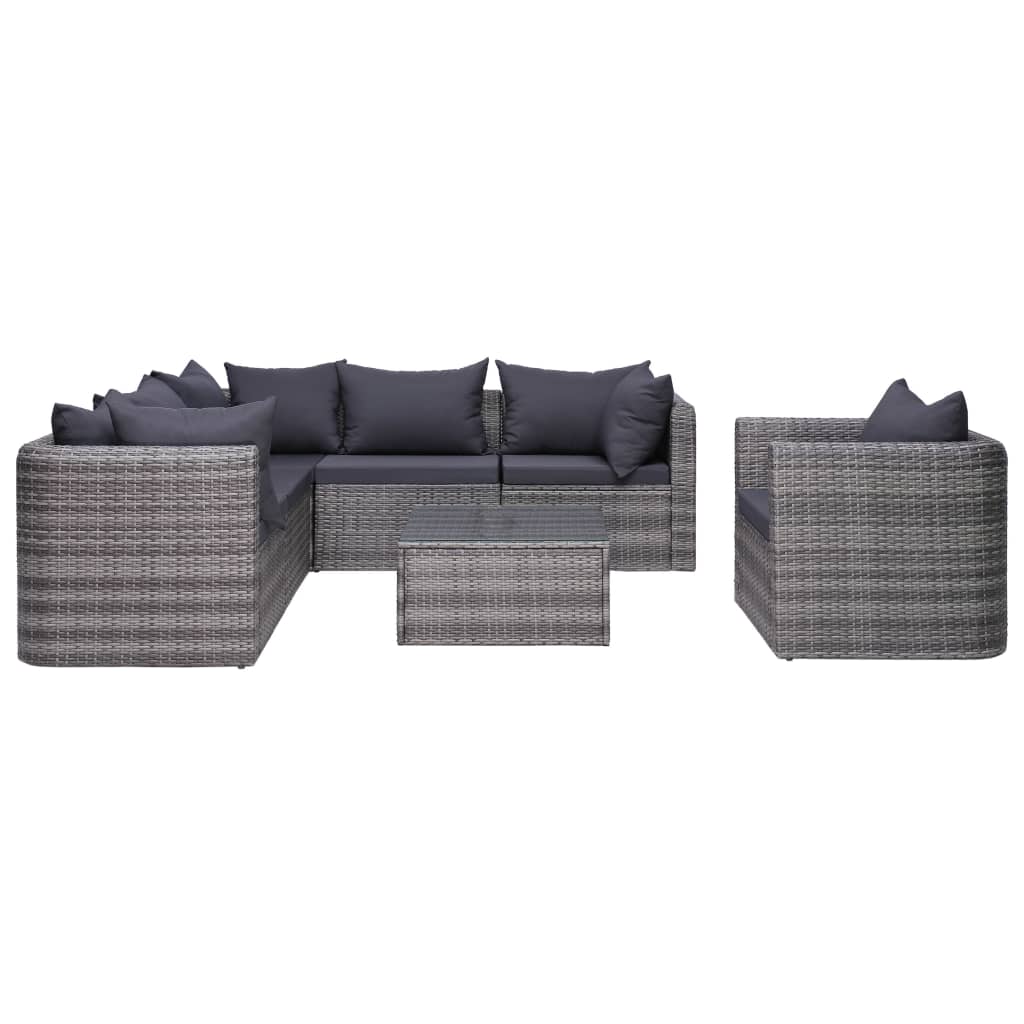 7-delige Loungeset met kussens poly rattan grijs