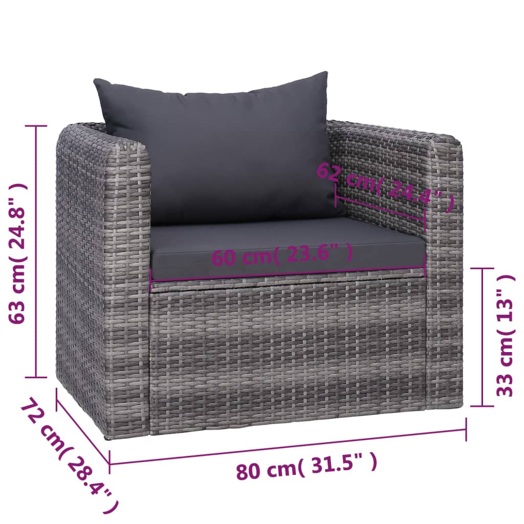 7-delige Loungeset met kussens poly rattan grijs