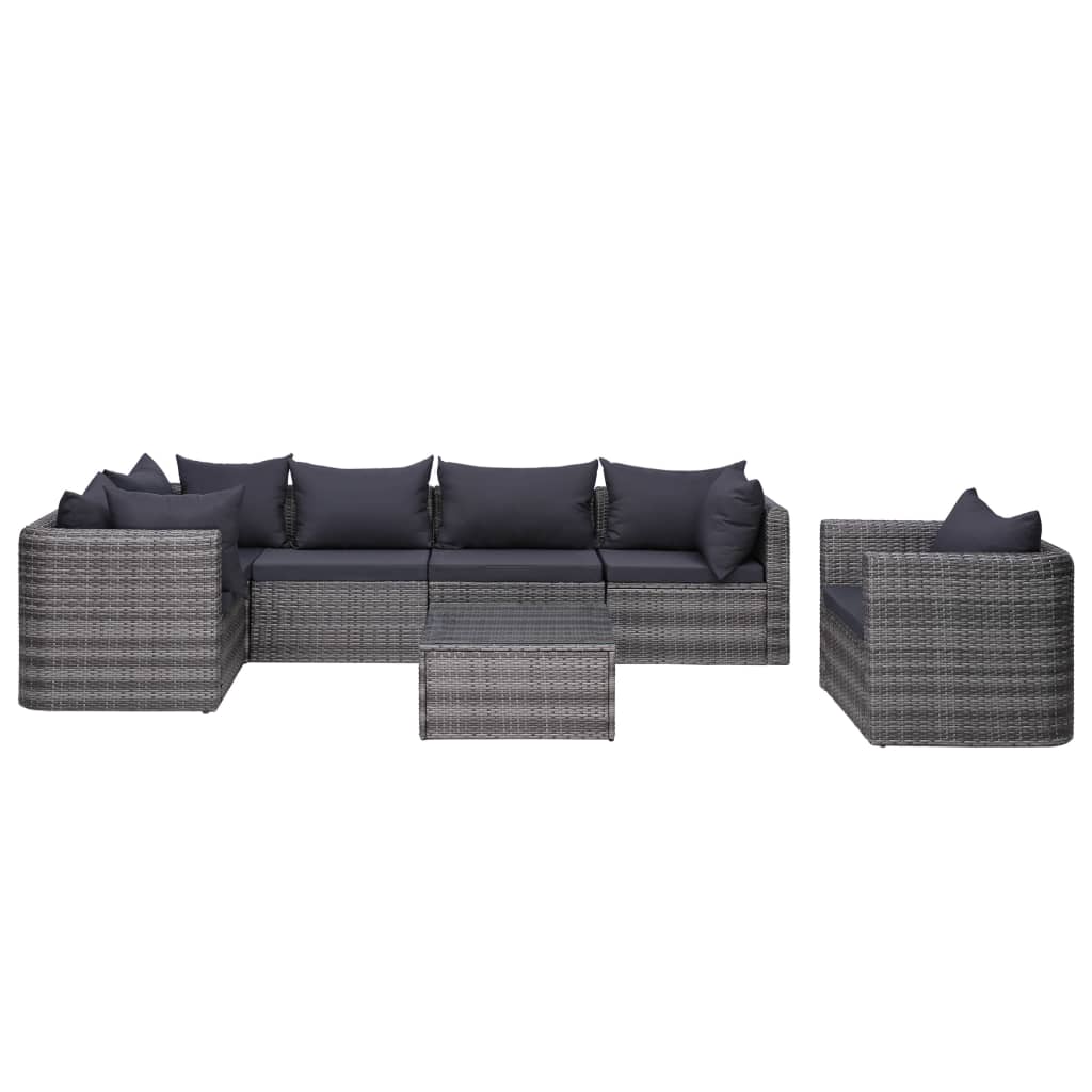 7-delige Loungeset met kussens poly rattan grijs