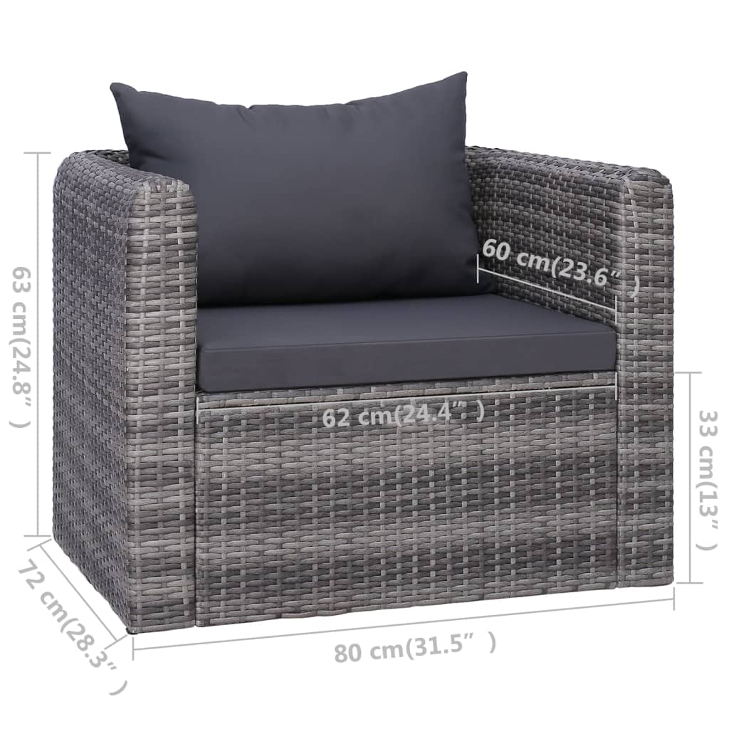 7-delige Loungeset met kussens poly rattan grijs