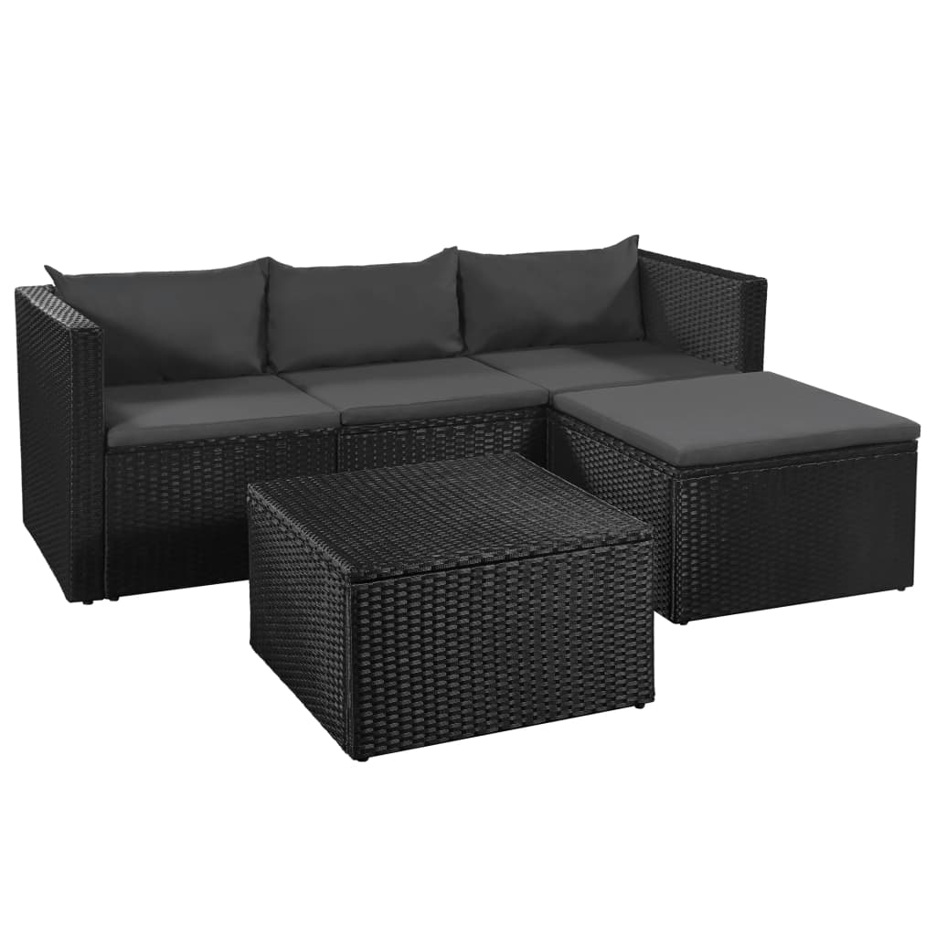 3-delige Loungeset poly rattan zwart en grijs