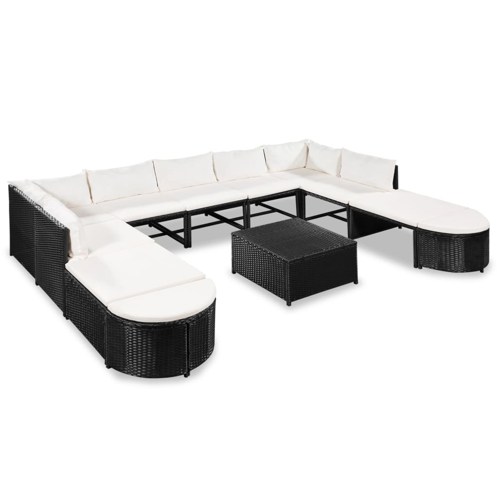 12-delige Loungeset met kussens poly rattan zwart