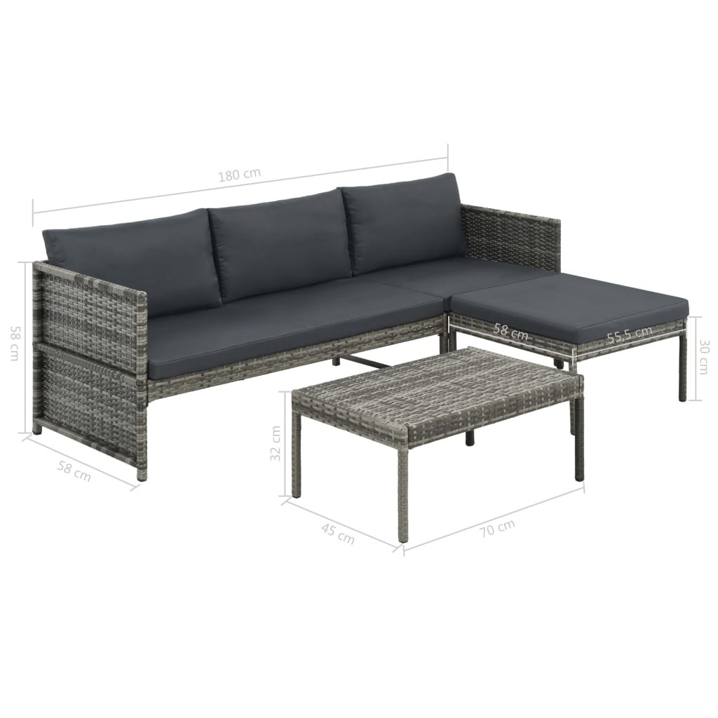 3-delige Loungeset met kussens poly rattan