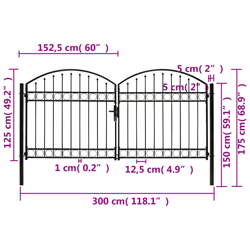 Poort met gebogen bovenkant dubbel 400x125 cm staal zwart