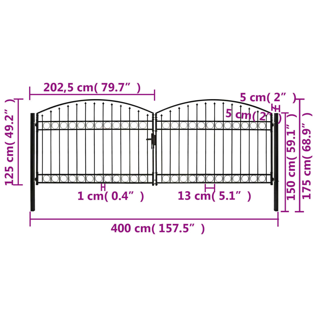 Poort met gebogen bovenkant dubbel 400x125 cm staal zwart