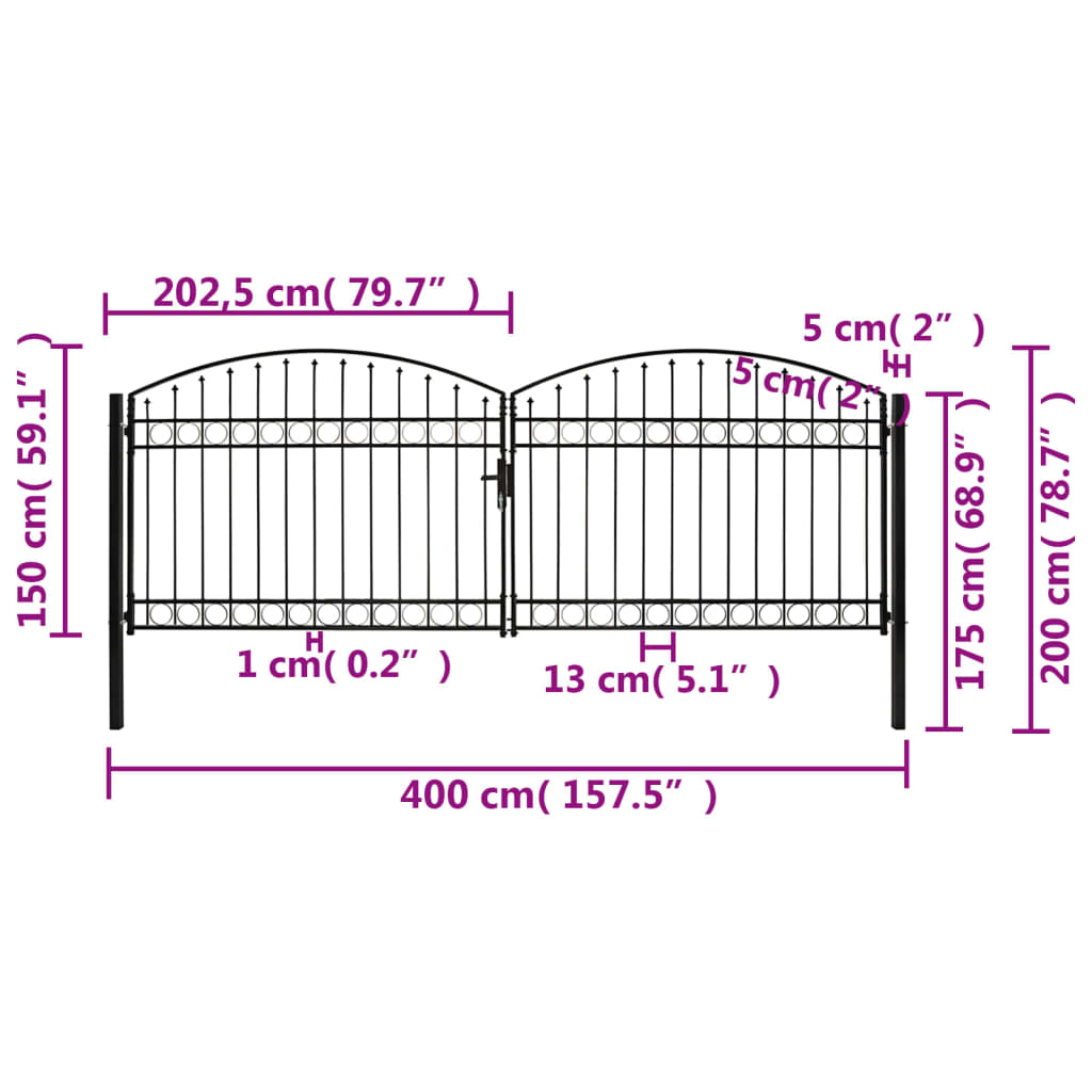 Poort met gebogen bovenkant dubbel 400x125 cm staal zwart