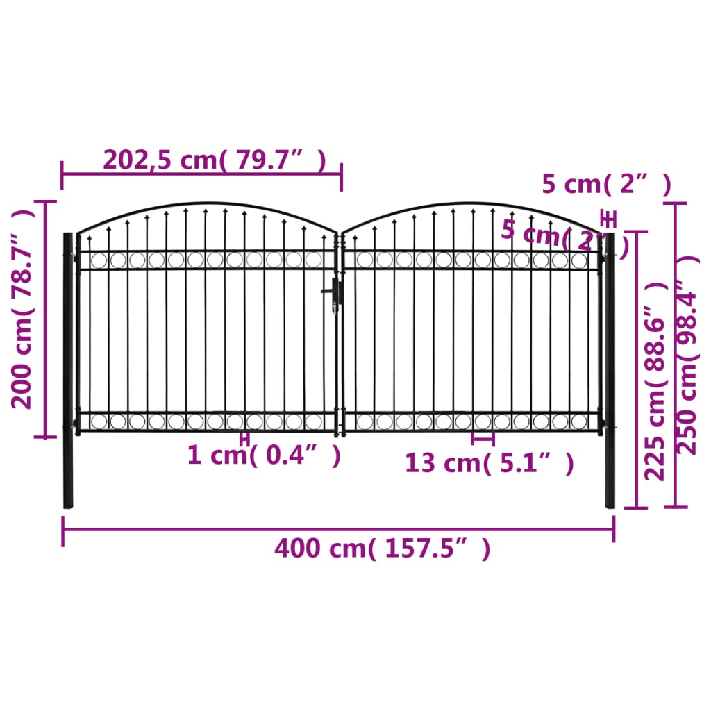 Poort met gebogen bovenkant dubbel 400x125 cm staal zwart