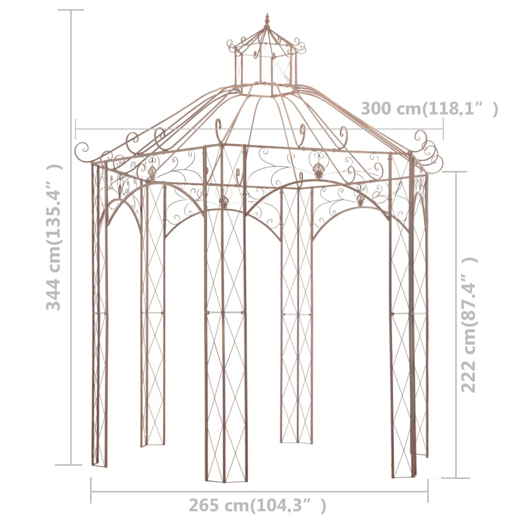 Pavillon de jardin 3 m en fer marron antique