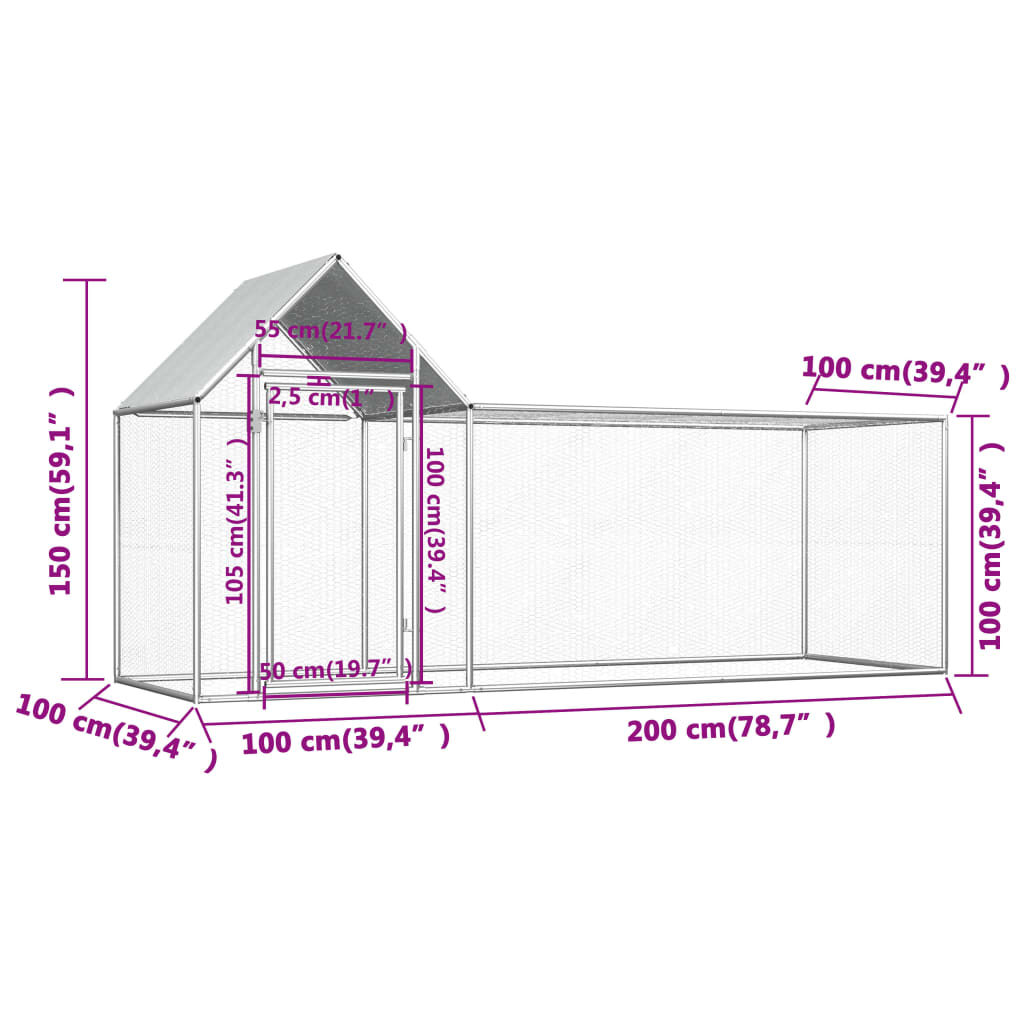 Poulailler 8x2x2 m en acier galvanisé