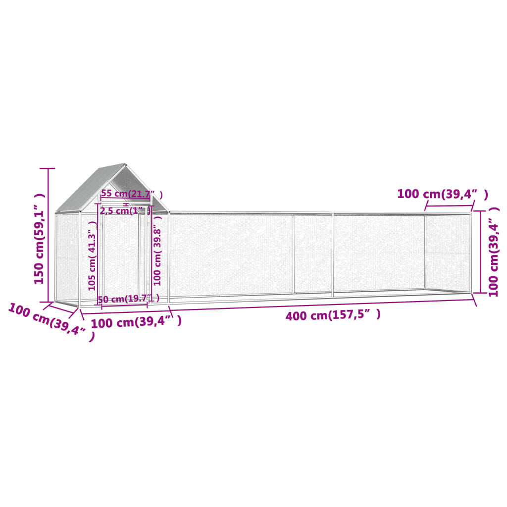 Poulailler 8x2x2 m en acier galvanisé