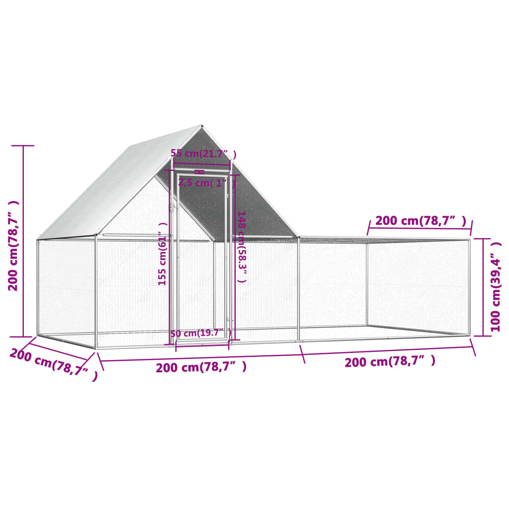 Poulailler 8x2x2 m en acier galvanisé