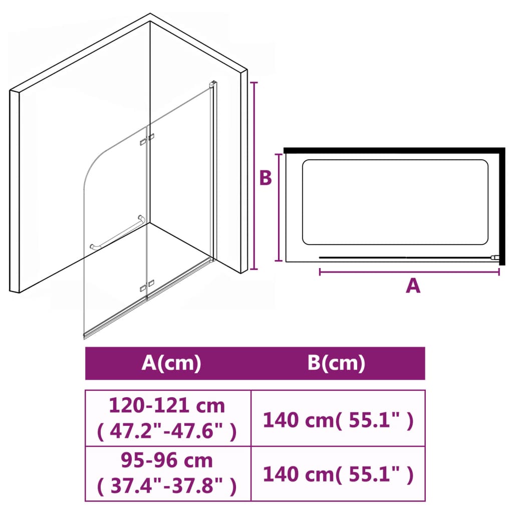 Douchewand inklapbaar 2 panelen 95x140 cm ESG