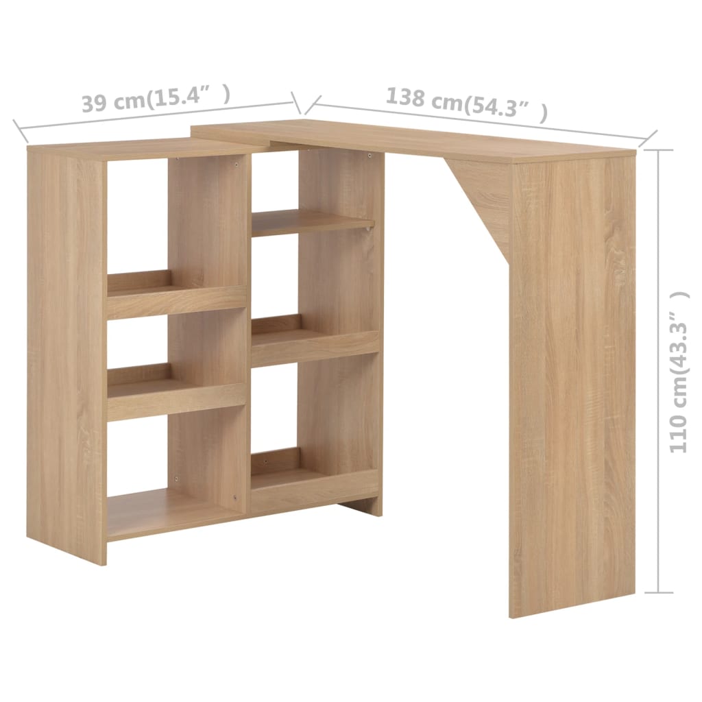 Table de bar avec étagère mobile 138x39x110 cm couleur chêne