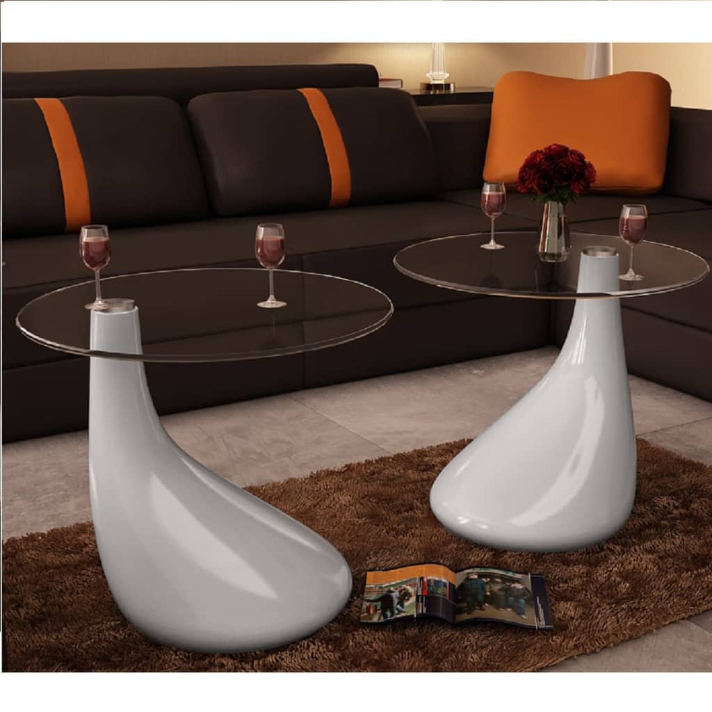 Table basse avec plateau rond en verre brillant 2 pcs