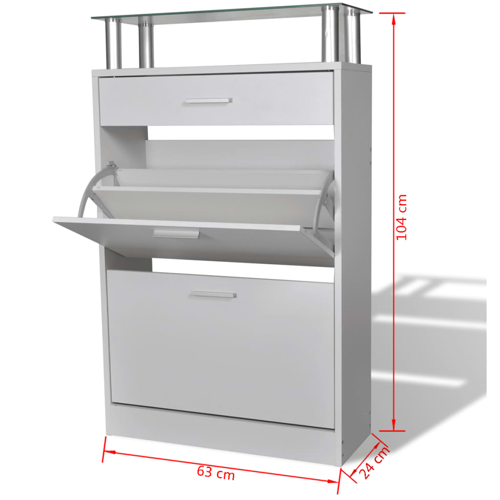 Schoenenkast met lade en glazen schap wit hout