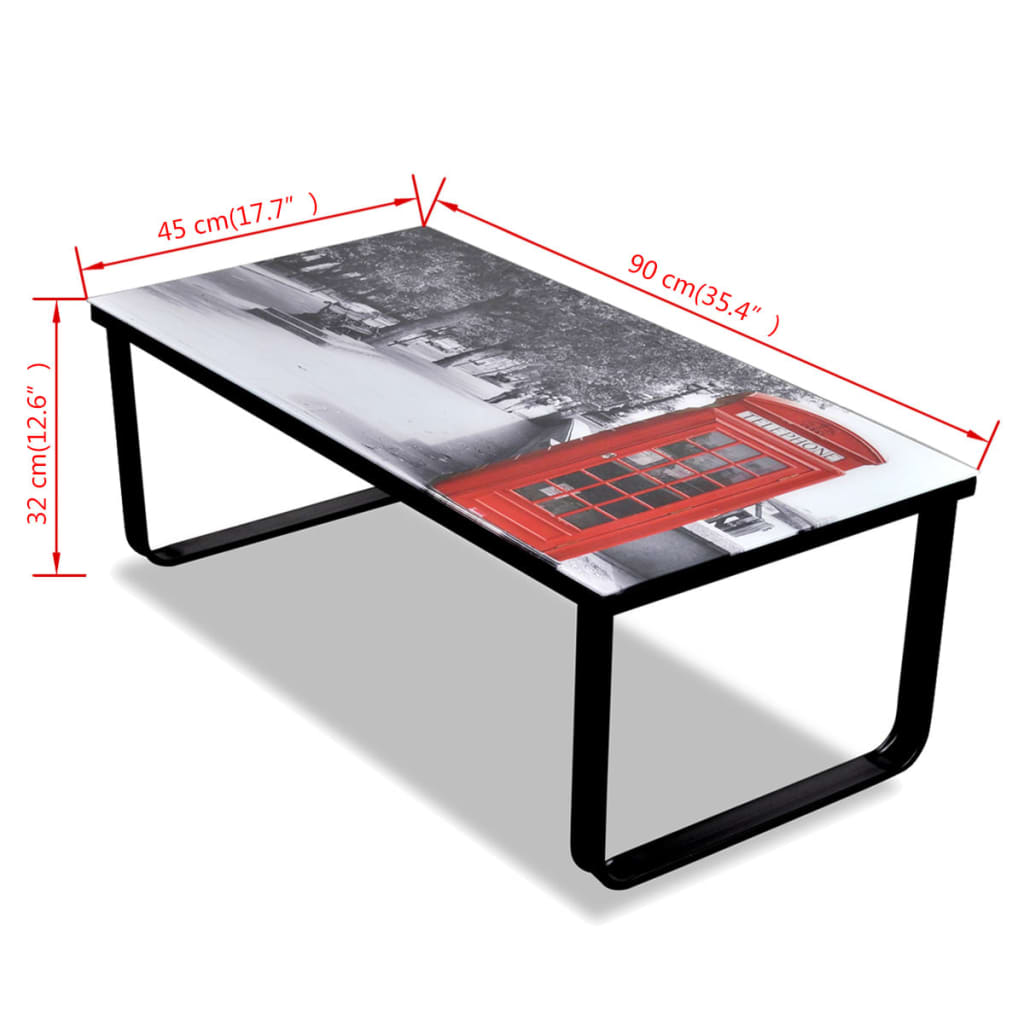 Salontafel met telefooncel-print glazen tafelblad