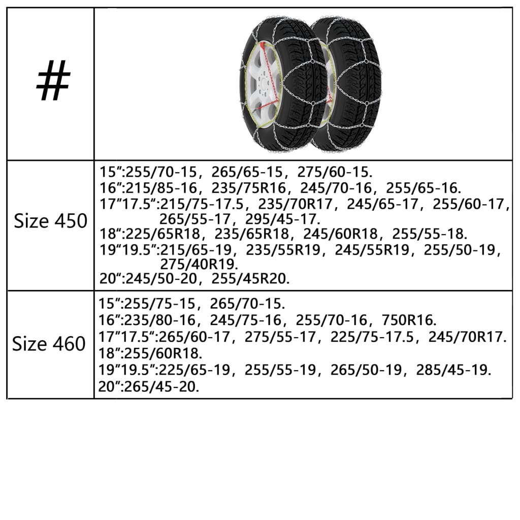 2 pcs Chaînes à neige 12 mm KN 90 205/55-16 205/65-15 205/50-17