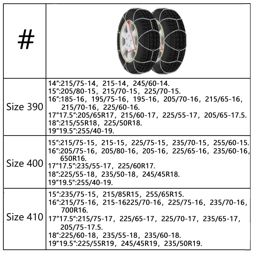 2 pcs Chaînes à neige 12 mm KN 90 205/55-16 205/65-15 205/50-17