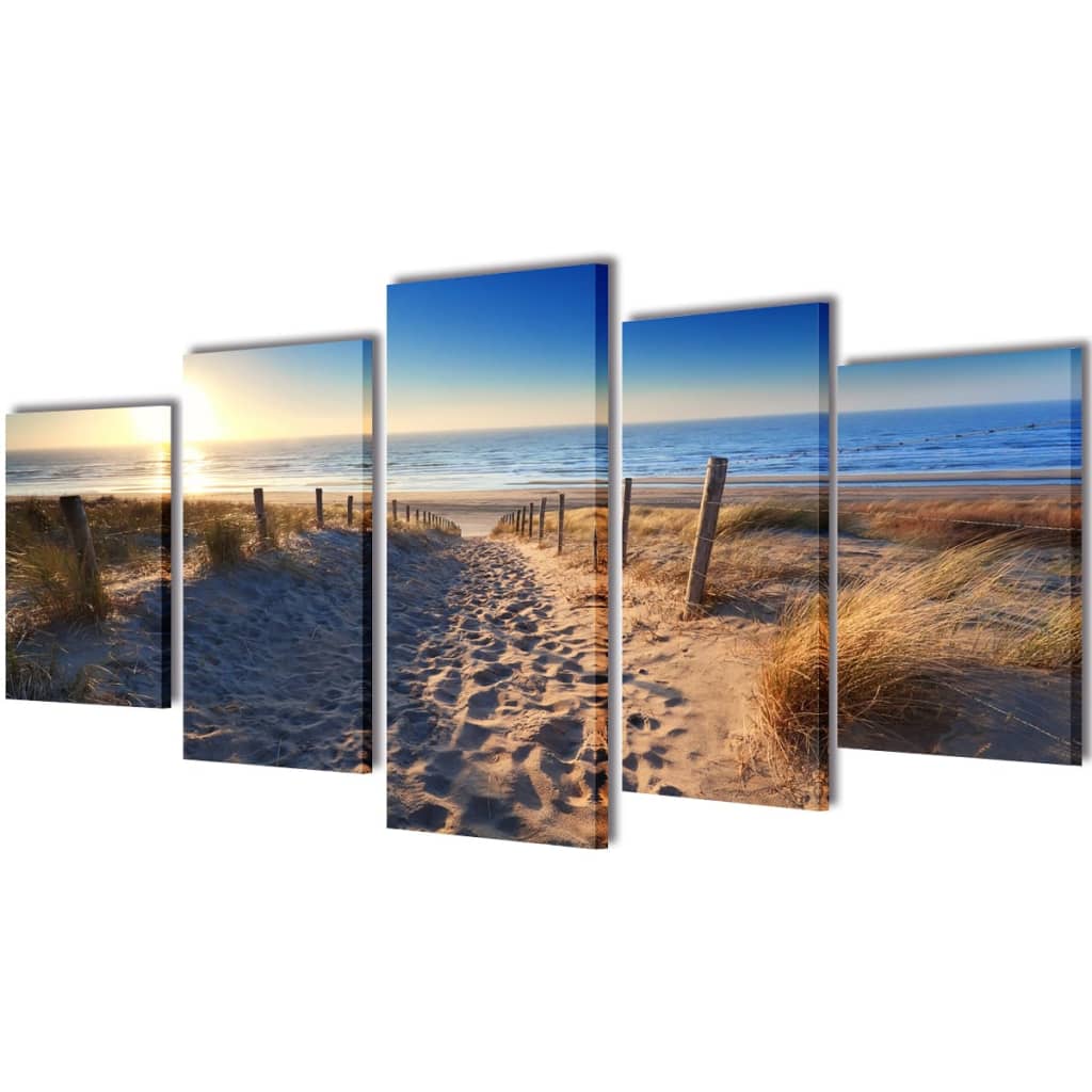 Canvas muurdruk set zandstrand met paviljoen 200 x 100 cm