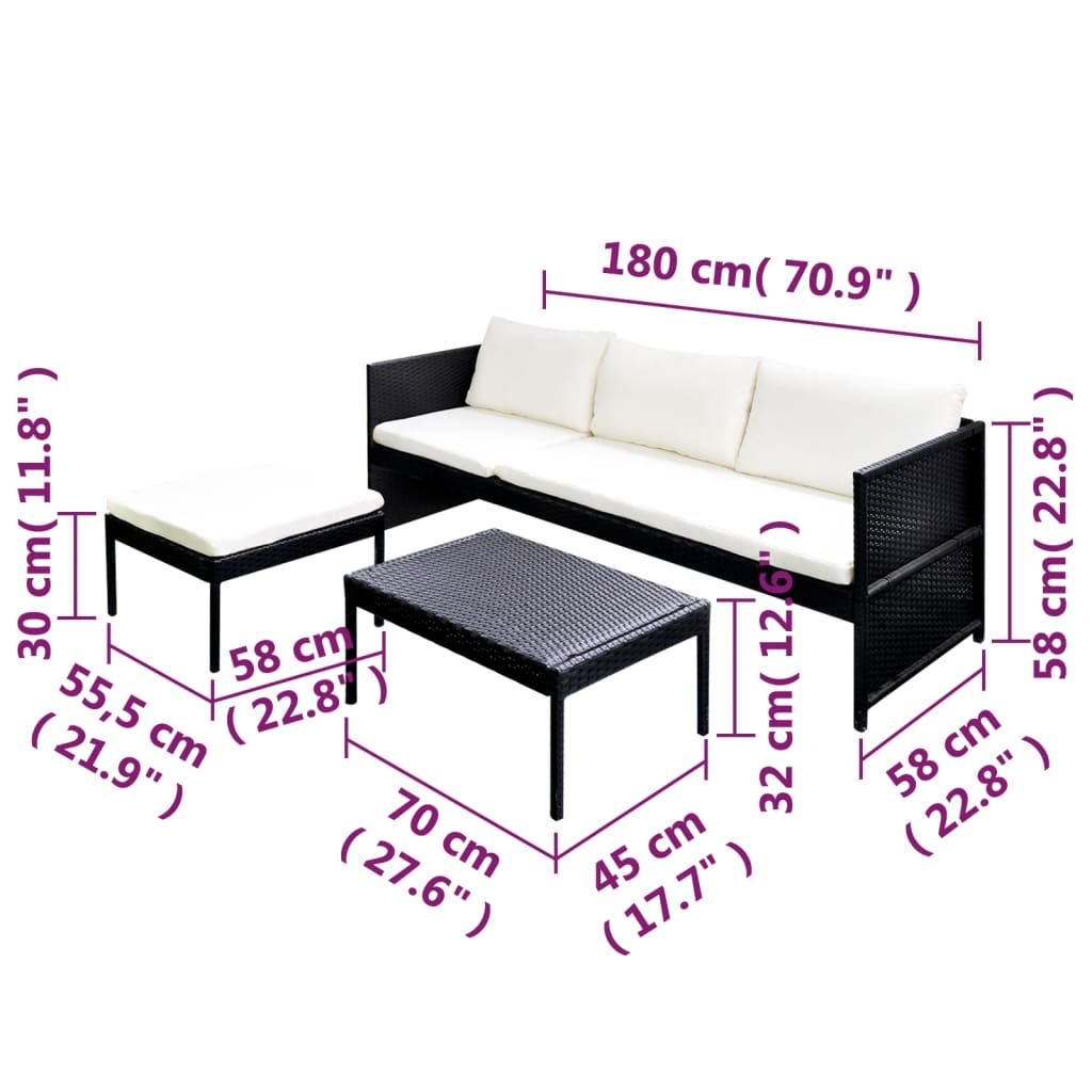 3-delige Loungeset met kussens poly rattan