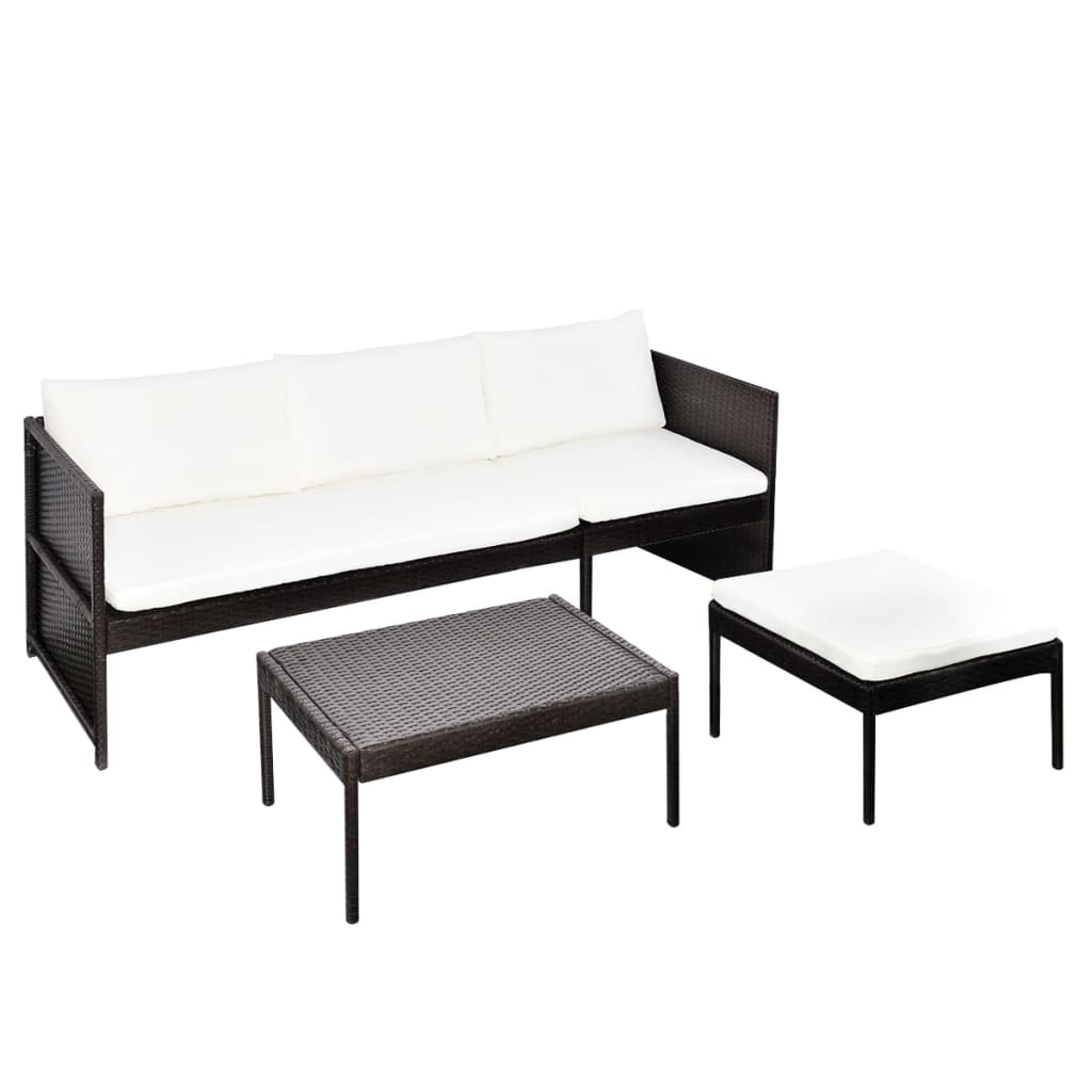 3-delige Loungeset met kussens poly rattan zwart