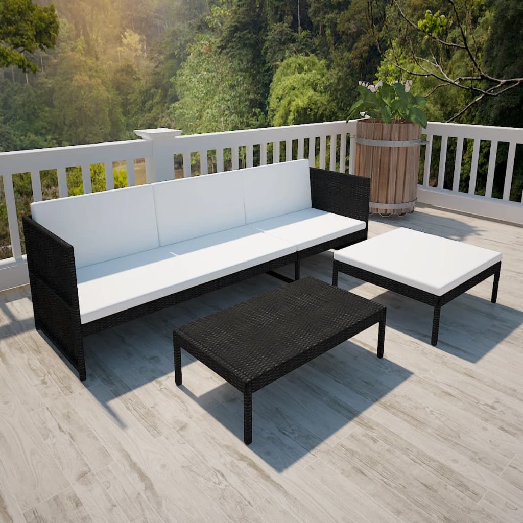 3-delige Loungeset met kussens poly rattan zwart