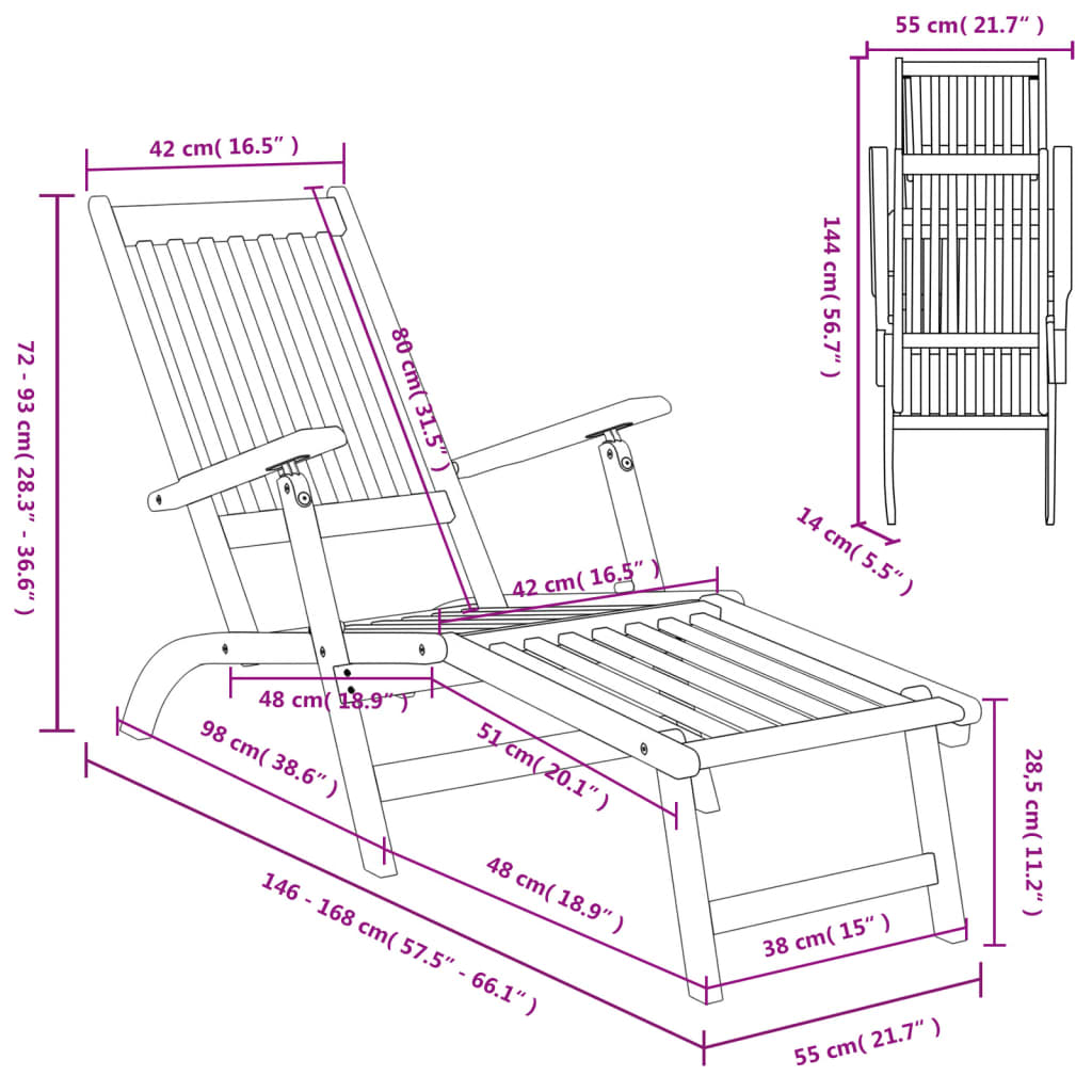 Chaises de terrasse avec repose-pieds et table en bois d'acacia massif