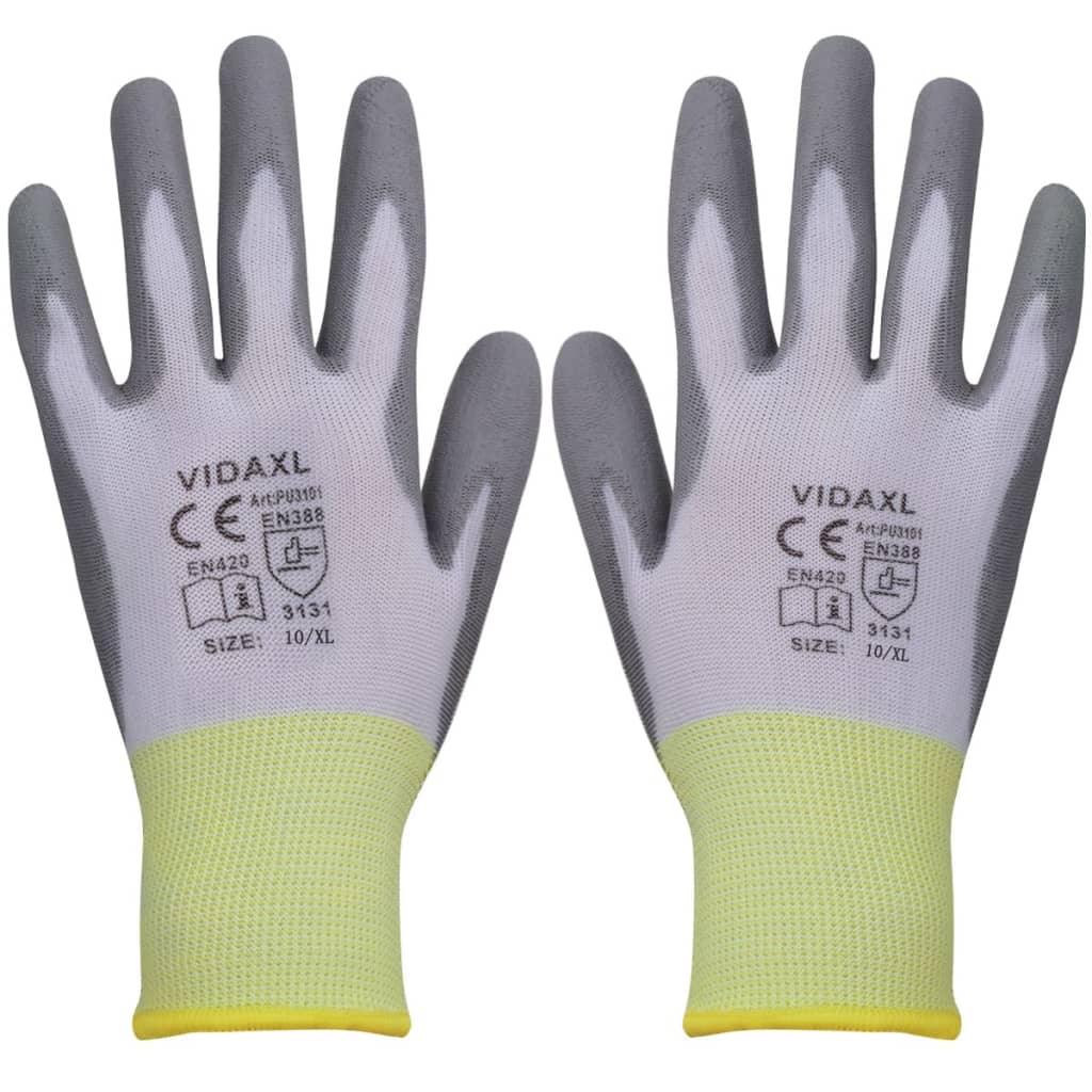 Gants de travail PU 24 paires blanc et gris taille 10/XL