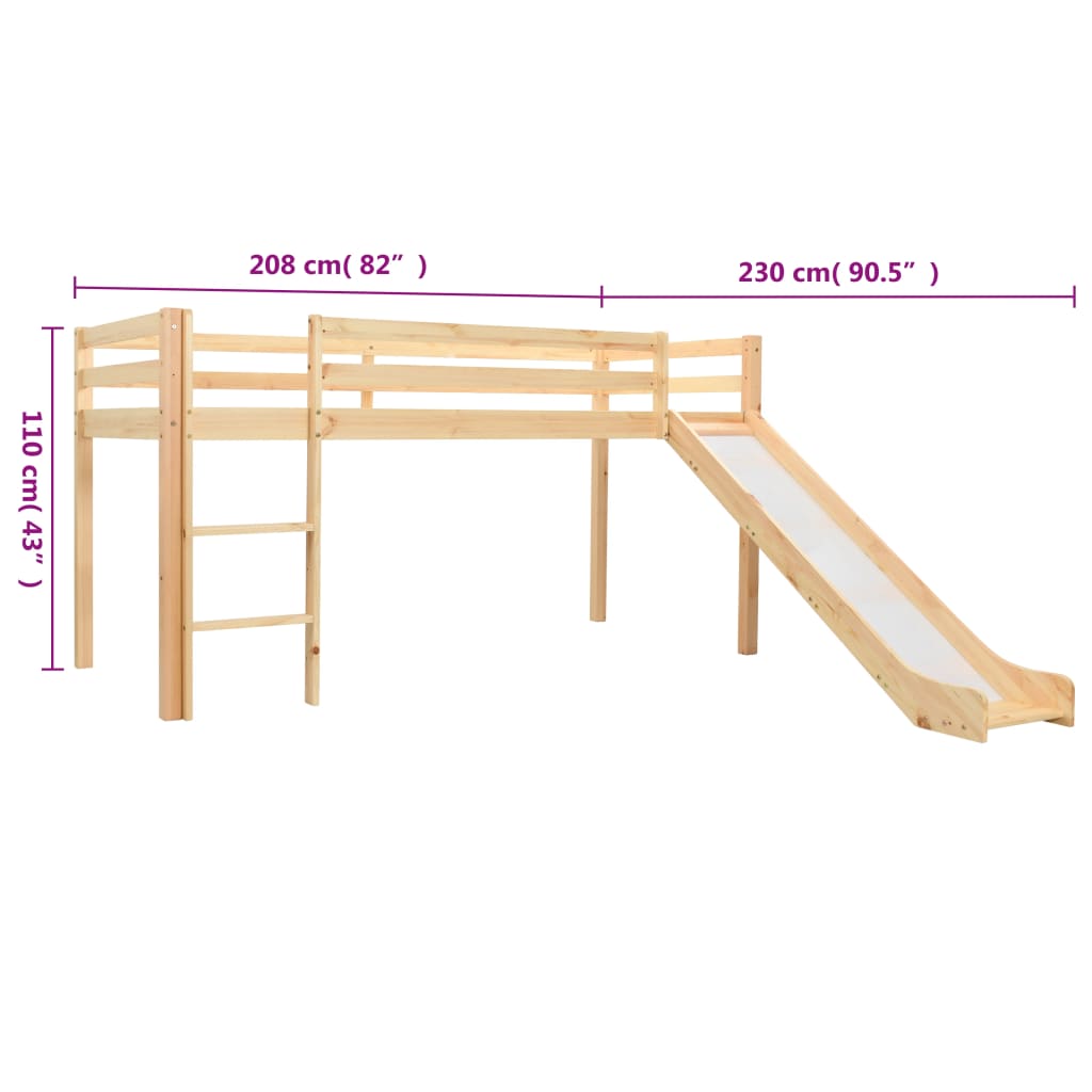 Lit mezzanine enfant avec toboggan et échelle en bois de pin 97x208 cm