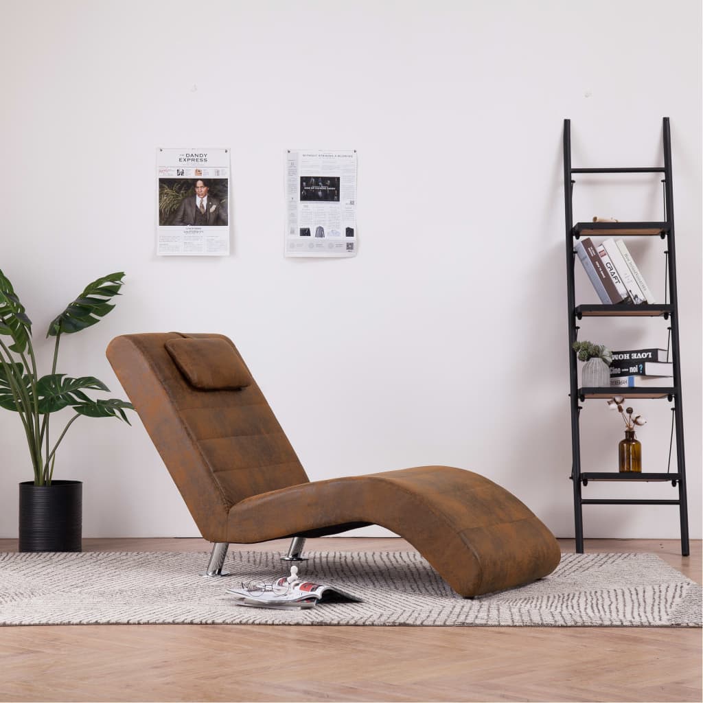 Chaise longue met kussen kunstsuède bruin