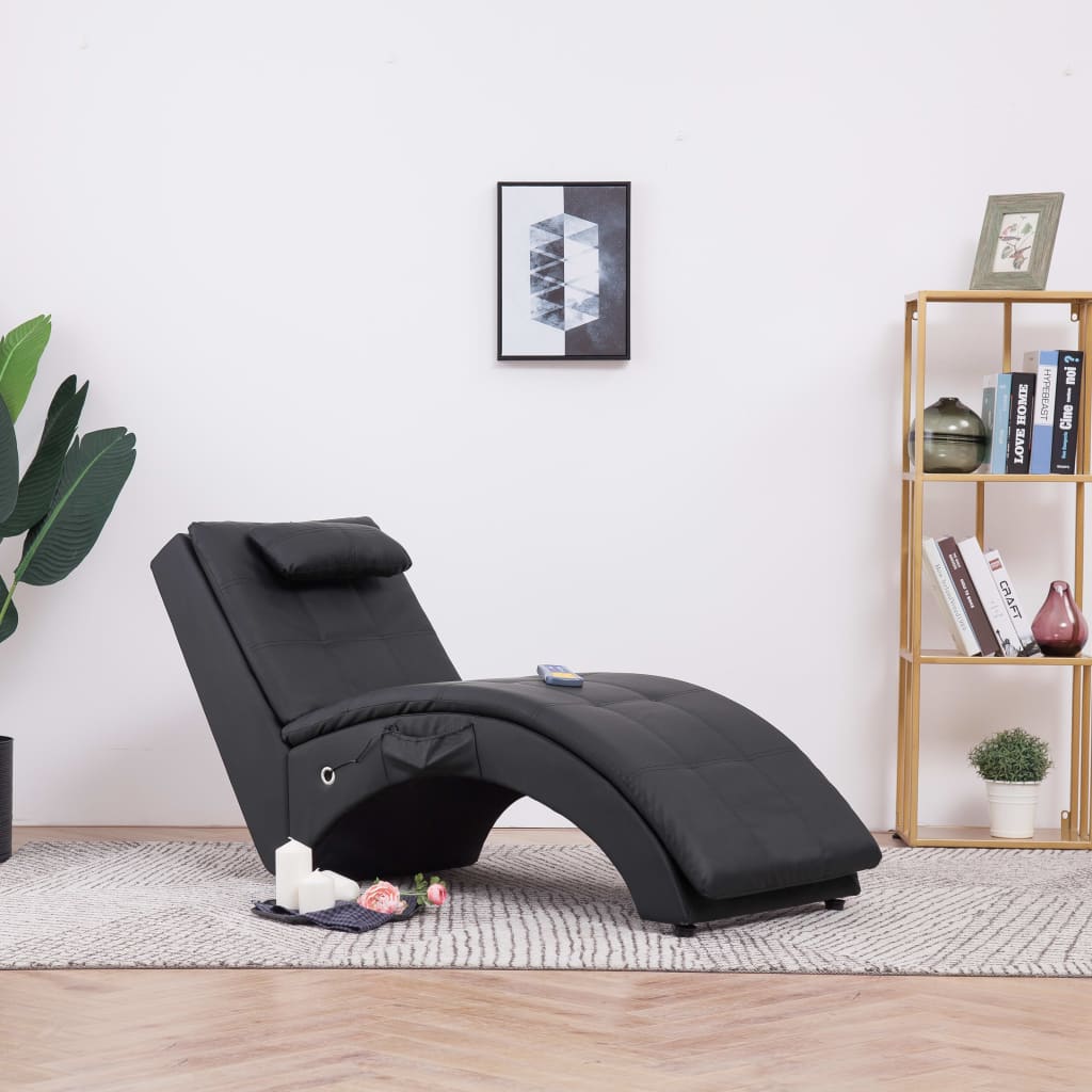 Chaise longue de massage avec coussin en cuir artificiel noir