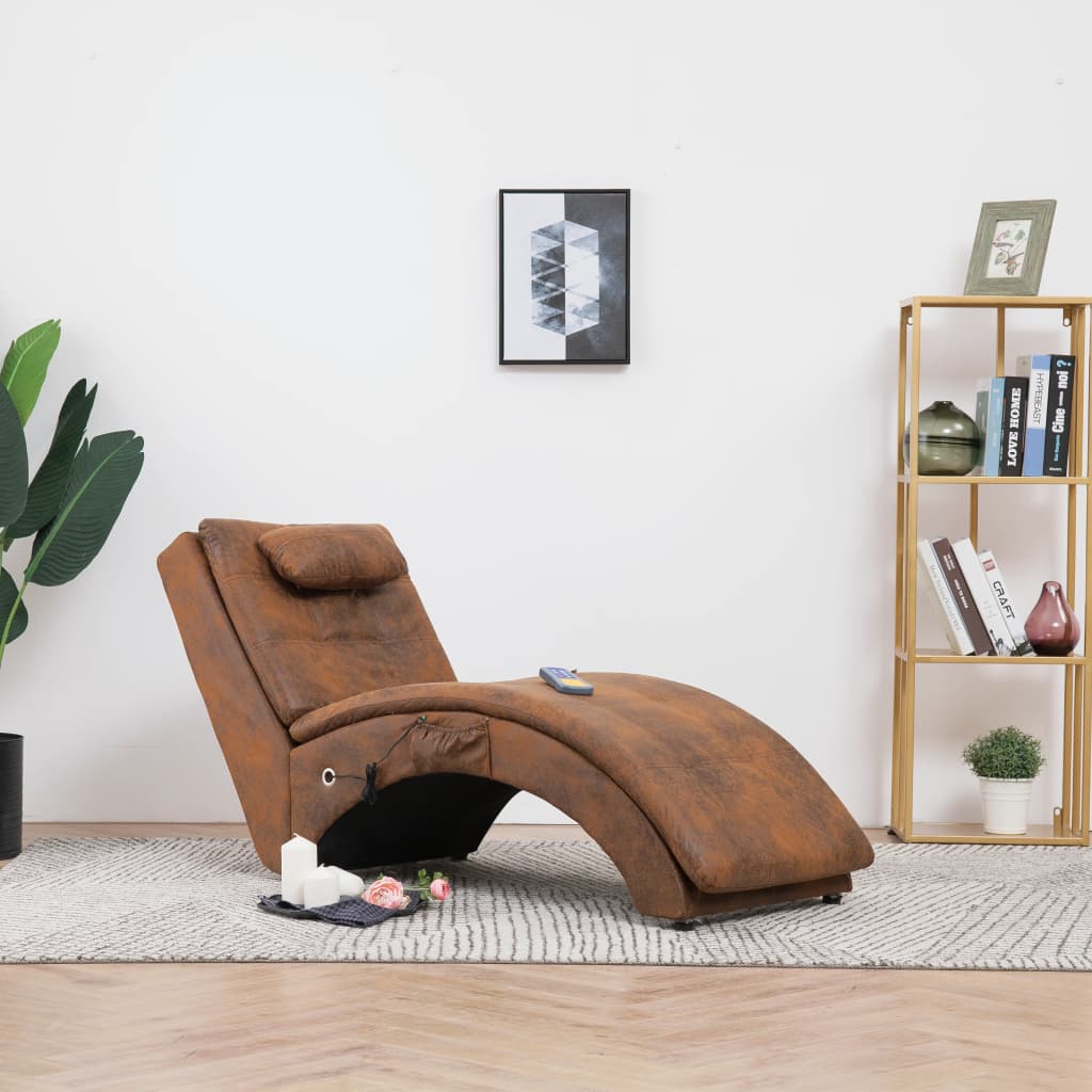 Massage chaise longue met kussen kunstsuède bruin