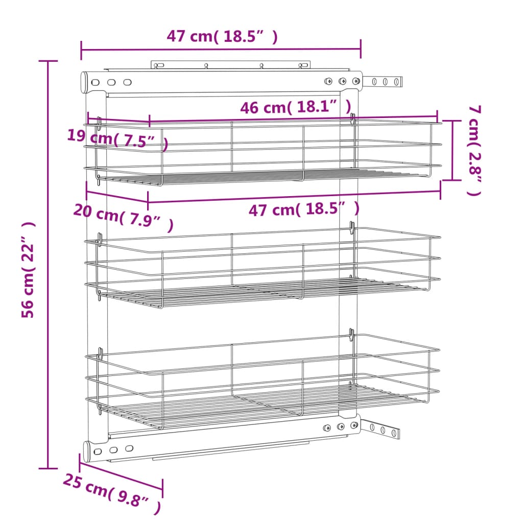 Draadmand uittrekbaar 3-laags 47x15,5x55,5 cm zilverkleurig