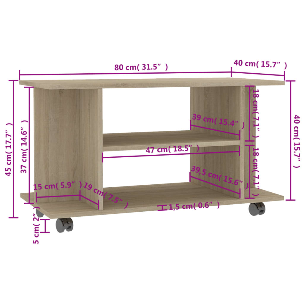 Meuble TV à roulettes 80x40x45 cm bois fini