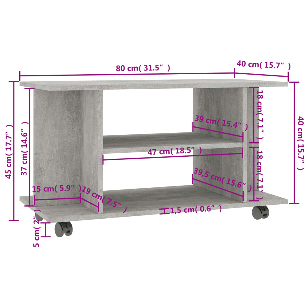 Tv-meubel met wieltjes 80x40x45 cm bewerkt hout