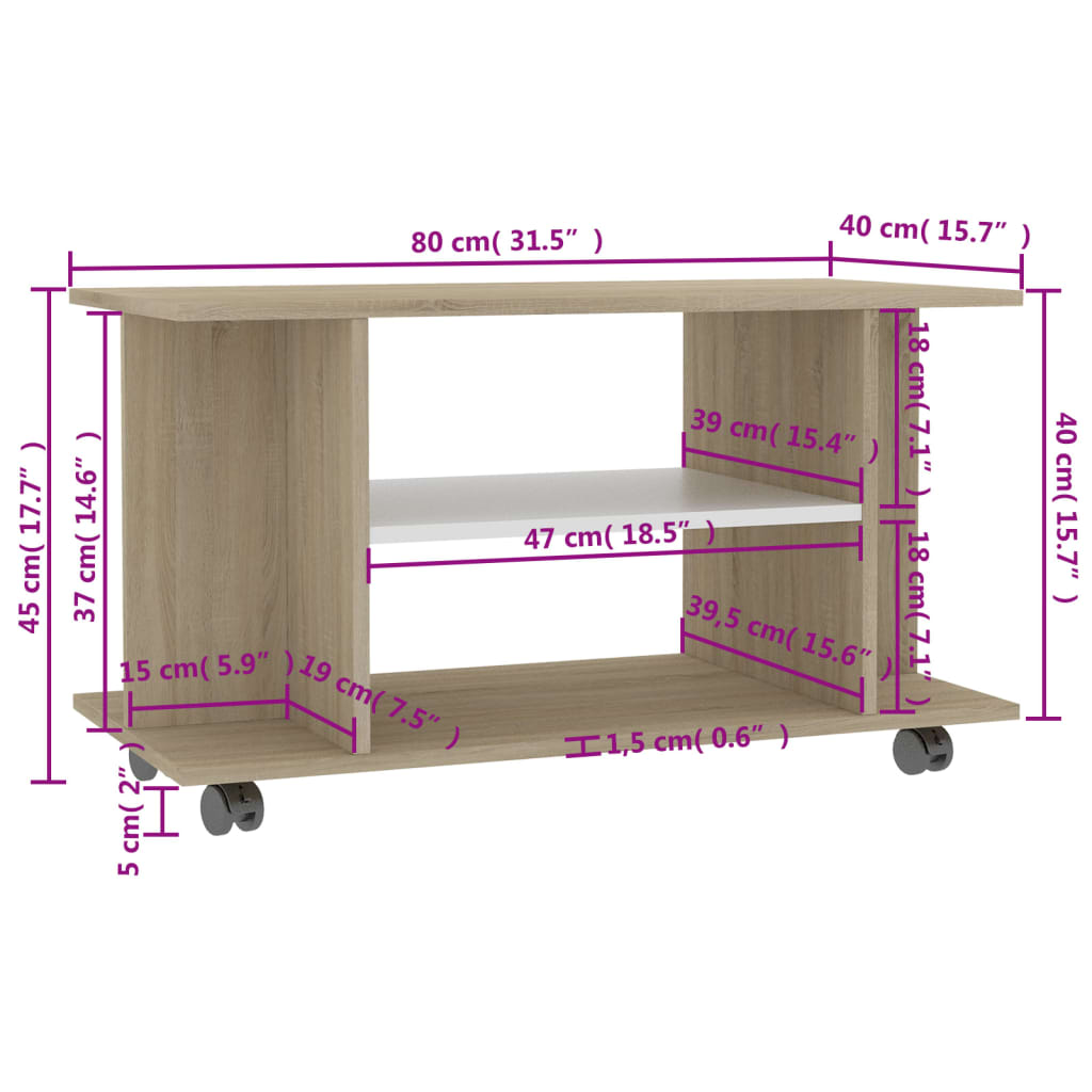 Tv-meubel met wieltjes 80x40x45 cm bewerkt hout