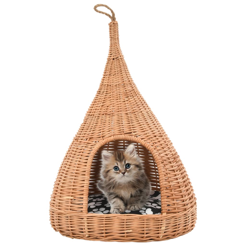 Kattenhuis met kussen tipi 40x60 cm natuurlijk wilgen grijs