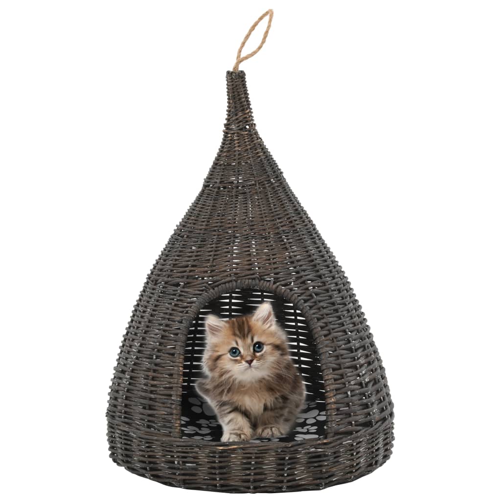 Kattenhuis met kussen tipi 40x60 cm natuurlijk wilgen grijs