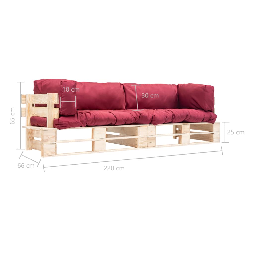 2-delige Tuinbankenset pallet met rode kussens grenenhout