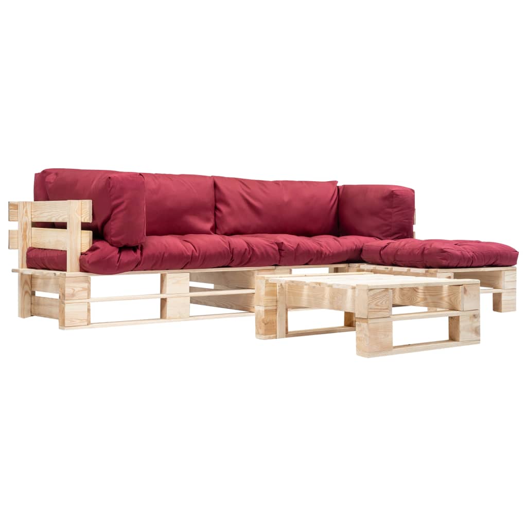 4-delige Loungeset pallet met rode kussens hout